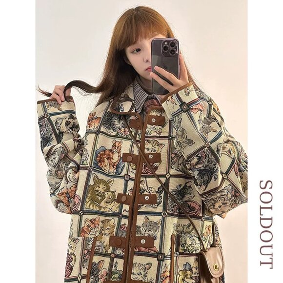 🐾 Vintage-Style Cat Tapestry Jacket – Whimsical Cottagecore Statement Piece - Picture 5 of 6